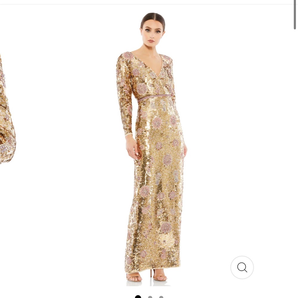 Mac Duggal Embellished Wrap Over Long Sleeve Column Gown